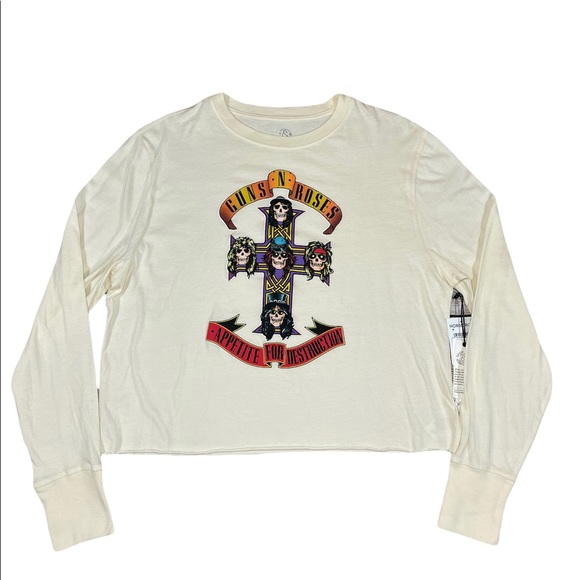 ⚡️SOLD⚡️ Guns N' Roses Band Long Sleeve Crop Tee Ivory Skull Graphic Shirt NEW - Picture 3 of 16